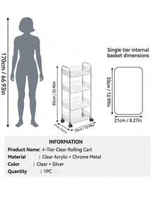 1pc 2/3/4 Tier Rolling Cart, Transparent Multi-Functional Storage Cart With Handle And Wheels, Mobile Storage Rack, Suitable For Office, Bathroom, Kitchen And Living Room, Transparent Practical Cart, Home Storage - Clear - View 11