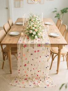 1pc Champagne Embroidered Floral Mesh Table Runner, Birthday Party Tablecloth, Tablecloth, Tablecloth, Birthday Decoration, Birthday Party Supplies, Baby Shower Decoration, Birthday Gift, Party Favor, Wedding Decoration Supplies, Baby Shower, Gender Reveal Party, Bridal Shower, Home Decor, Room Decor, Kitchen Table Cover, Wedding Arch Fabric - Champagne Gold Embroidered Flowers - View 7