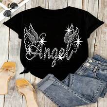 Angel Wings Graphic T-Shirt, 100% Cotton Oversized Soft Breathable Casual Crewneck Short Sleeve Top, Romantic Aesthetic Summer Vibes Tee For Women & Angel Lovers - 黑色 - 查看 18