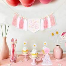 1 Set 1/2 Birthday Plaid Hat Daisy High Chair Banner Set, Suitable For 6 Months Old Boy/Girl Birthday Decoration, Sweet Cake Smash Photo Props (Blue/Pink) - Multicolor - View 7
