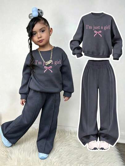 Tween Girl Cartoon English Bow Print Crew Neck Long Sleeve Top And Pants