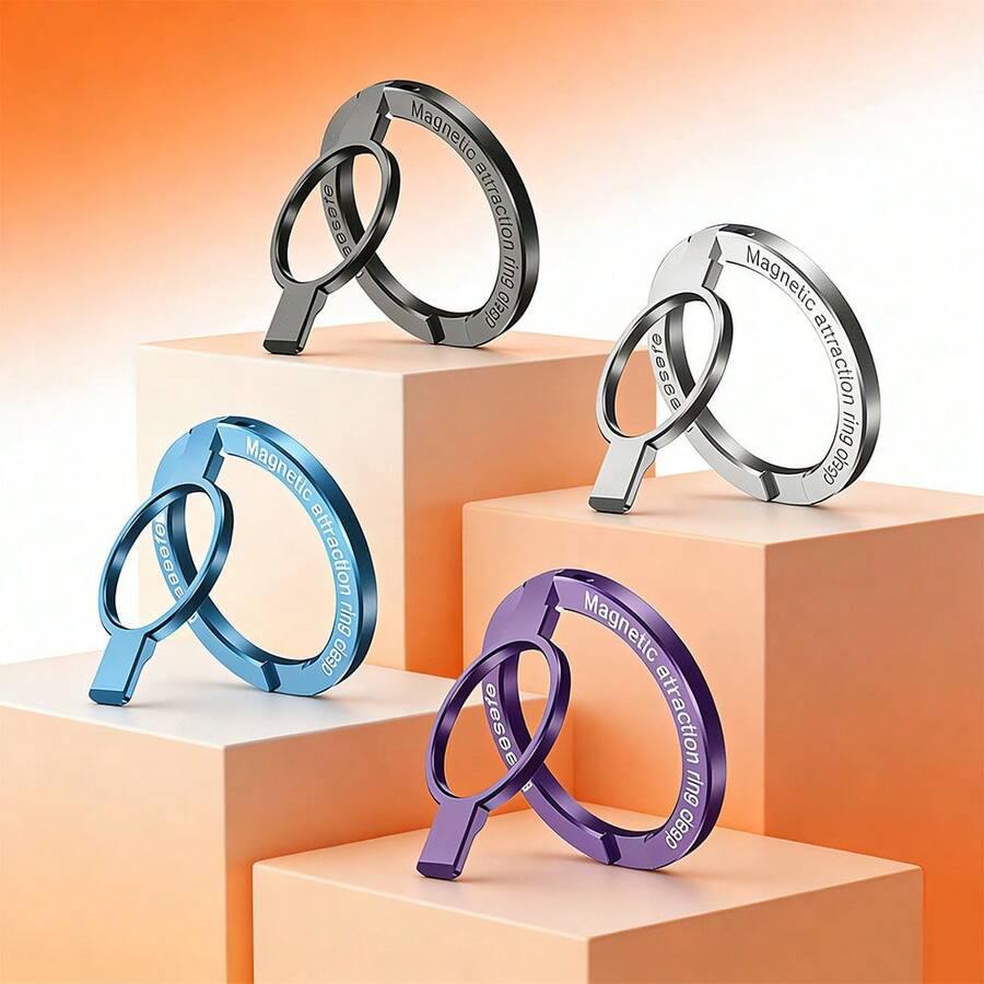Magnetic Ring Holder 2-Section 1pc Magnetic Bearing Ultra-Light Ultra-Thin Strong Adsorption 360° Rotation Wall-Mount Universal Foldable Phone Stand Alloy Material Portable Creative Desktop Live Streaming Slouchy Bracket Hands-Free Suitable For Office Kitchen Shower Bedside Gym Car