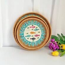 1pc Pearl Shell Inlaid Wooden Base Woven Rattan Decorative Tray, Not For Food Contact, Home Decor - Yellow - View 11