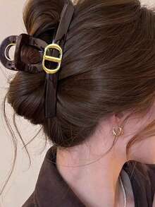 1PC Dainty Gold Buckle Decor Glossy Hair Claw Clip, Large Hollow Acrylic Shark Jaw Clamp, Elegant Daily Updo Hair Accessories For Thick Hair Women Beach Vacay Hair Clips - Burgundy - View 4