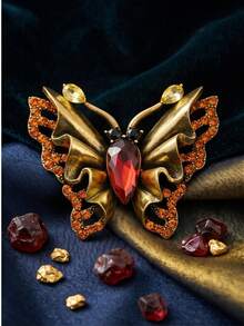 1pc Vintage Butterfly Brooch Women Fashion Elegant Insect Pin High-End Banquet Dress Accessory Gold Rhinestone Corsage - Yellow - View 11