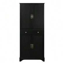 Tall Cabinet With Adjustable Shelves And Drawers, Bookcase With Sliding Shelves And Refrigerator Doors, Ideal For The Dining Room, Living Room And Kitchen (White) - Black - View 6