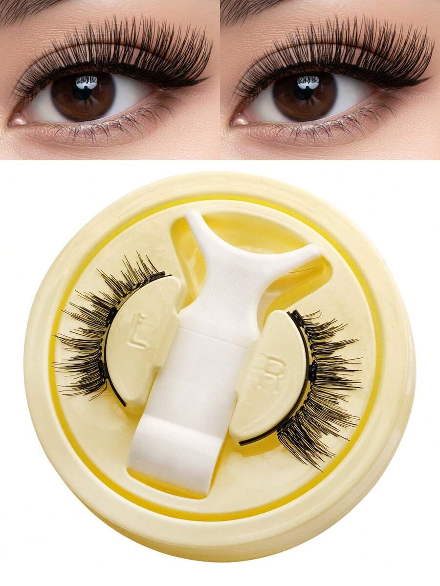 Waloshow 1 Pair Reusable Magnetic False Eyelashes + 1 Eyelash Curler, Winged Extended Natural Long Cat Eye Style 3D Faux Mink Glue-Free Lashes For Daily And Work