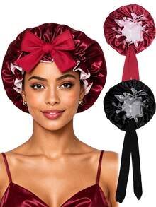CONFLASS 1pc Luxury Reversible Ruffle Trim Satin Sleep Bonnet With Large Bow, Adjustable Tie Silk Hair Bonnet For Women Curly Hair Night Cap For Natural Curly Hair Daily Sleeping Hair Care - Multicolor - View 7