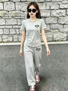 Teen Girl Round Neck Letter Print Ruffle Short Sleeve T-Shirt And Wide Leg Pants Casual Daily Outfit - Grey - View 1