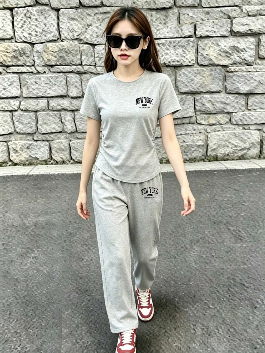 Teen Girl Round Neck Letter Print Ruffle Short Sleeve T-Shirt And Wide Leg Pants Casual Daily Outfit - Grey - View 1