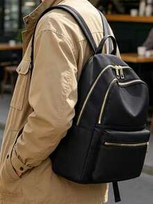 Mochila de moda para hombre de tela de nailon de unicolor, versátil, de gran capacidad, casual, para ir al trabajo y para estudiantes - Negro - Ver 6