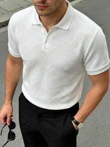 男士夏季紋理提花撞色半拉鍊 Polo 衫，休閒極簡都市成熟英倫紳士風 - 白色 - 查看 3