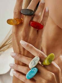 6pcs Set Exquisite Fashionable Personalized Minimalist Design Versatile Oval Resin Rings For Women, Daily Holiday Party Gift Jewelry - Multicolor - View 7