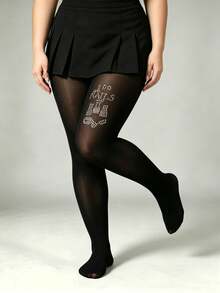 1 Pair Plus Size Black Transparent Stockings, Nail Art Rhinestone Pattern, Sexy & Shiny, High Elasticity - Black Rhinestone Nail Art - View 3