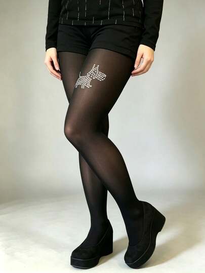 1 Pair Plus Size Black Transparent Schnauzer Rhinestone Sexy Shiny Dog Pattern High Elasticity Pantyhose