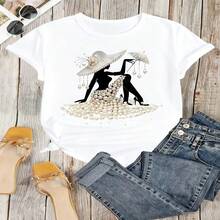 Retro Pearl Fashion Graphic T-Shirt, 100% Cotton Oversized Soft Breathable Casual Crewneck Short Sleeve Top, Romantic Aesthetic Summer Vibes Tee For Women & Fashion Lovers - 白色 - 查看 18