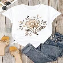 Romantic Floral Graphic T-Shirt, 100% Cotton Oversized Soft Breathable Casual Crewneck Short Sleeve Top, Spring Vibes Feminine Elegant Style For Women & Flower Lovers - 白色 - 查看 18