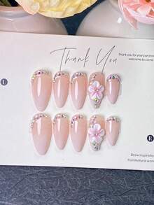 10 Stücke handgefertigte Press-On-Nägel, Sommernägel, mandelförmige rosa Nägel mit irisierenden Strass-Fransen entlang der Nagelhaut und 3D-rosa Blume mit zentraler Kristallverzierung, perfekt für den täglichen Gebrauch, Dates und Hochzeitsfeierlichkeiten. - Weiss - Übersicht 11