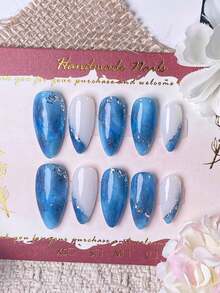 10 Pieces Of Handcrafted Almond-Shaped Nail Art In Blue/Black With Cat Eye Detailing And Fine Glitter. Accented With Silver Sequins. A Tie-Dye Design Exuding High-End, Luxurious, And Refined Elegance, Reminiscent Of Sinking Into The Ocean. Nails Handmade Press On Nails - Blue - View 12