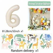32 Inch Cream 0-9 Number Balloon Set With Jungle Animal Stickers, Large Foil Balloons, Suitable For Children's Adventure Activities, Birthday Party Decorations, Wildlife Theme Party, Wedding, Birthday, Bachelor Party, Bachelorette Party And Other Jungle Animal Theme Parties. - Sticker Version - Milky White - View 16