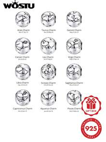WOSTU 1pc Vintage 925 Sterling Silver Zodiac Bead Pendant, Suitable For DIY Bracelets And Necklaces - Silver - View 1