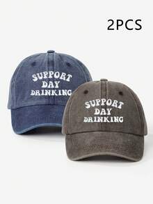 1/2件女款刺繡 SUPPORT DAY DRINKING 水洗棒球帽，可調節防曬休閒帽，適合情人節、春秋旅行，時尚百搭 Y2K 風格青年帽 - 刺繡 - 查看 25