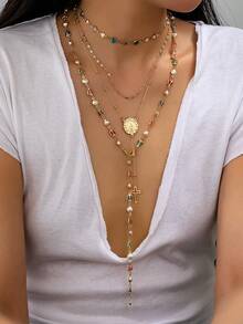 1/5pcs Multi-Layer Cross Y-Shaped Pendant Multicolor Virgin Mary Cross Pendant Multi-Layer Chain Women's Bohemian Style Jewelry Necklace (Rhinestone Color Random) - Multicolor - View 1