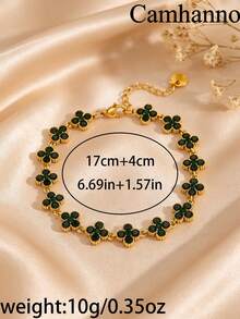 Camhanno 1pc European And American Luxury Style Stainless Steel 18K Gold Plated Four-Leaf Clover Rhinestone Bracelet, Multiple Color Rhinestones Available, Non-Fading, Delicate Chain, Versatile For Commute, Women's Jewelry Gift For Best Friend, Daily Accessory - Gold 2 - View 5