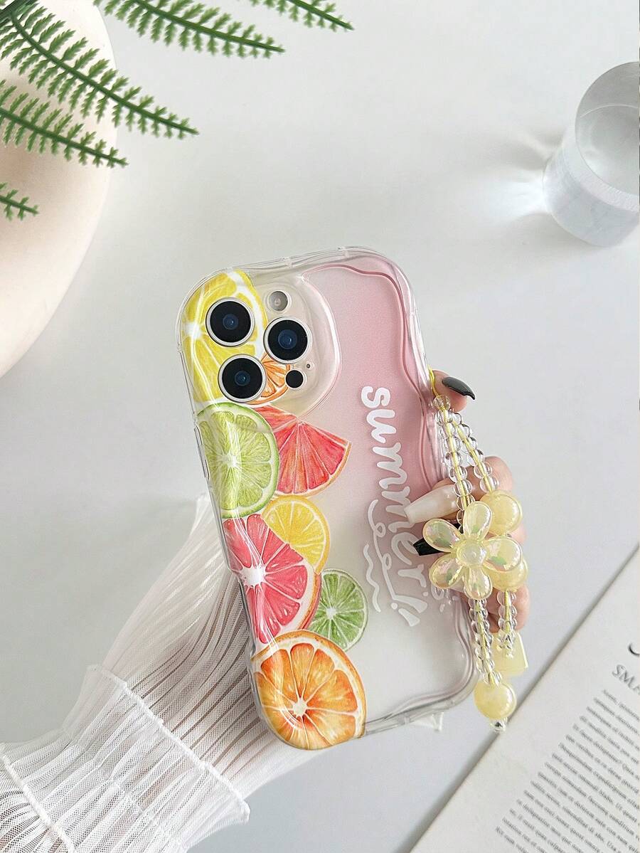 奶油波浪邊亮面塗漆防震手機殼，附手工串珠花朵手鍊，適用於 iPhone 16/11/16pro/16plus/16promax/16e/15Promax/13/14/12/XS/XR/7G/8P、 Galaxy、Redmi 10/9/Note9/12c/Note11pro/Note8Pro 防震手機保護殼