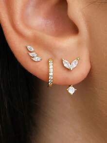 3 Pairs/6pcs Set Exquisite Leaf Zirconia Small Earring Set, 18K Gold Plated, Unique Adjustable Ear Cartilage Studs, Ear Piercing Jewelry - 6pcs Earrings Set - View 5