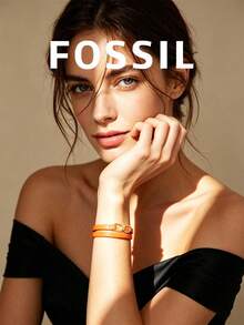 Fossil Gelang Kulit Oranye Gaya Fosil, Desain Lingkaran Ganda dengan Dekorasi Logam Emas, Cocok untuk Pakaian Kasual dan Modis - Jeruk - View 4
