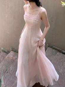 Spring/Summer New Baby Pink Ruffle Bustier Dress, Slim Fit A-Line Fairy Style Beach Outfit Wedding Party - Baby Pink - View 8