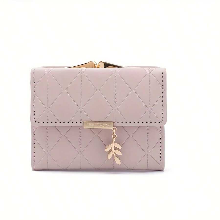 This Elegant Quilted Wallet Is Designed Specifically For Women And Features A Leaf-Shaped Pendant. - Pink - View 1