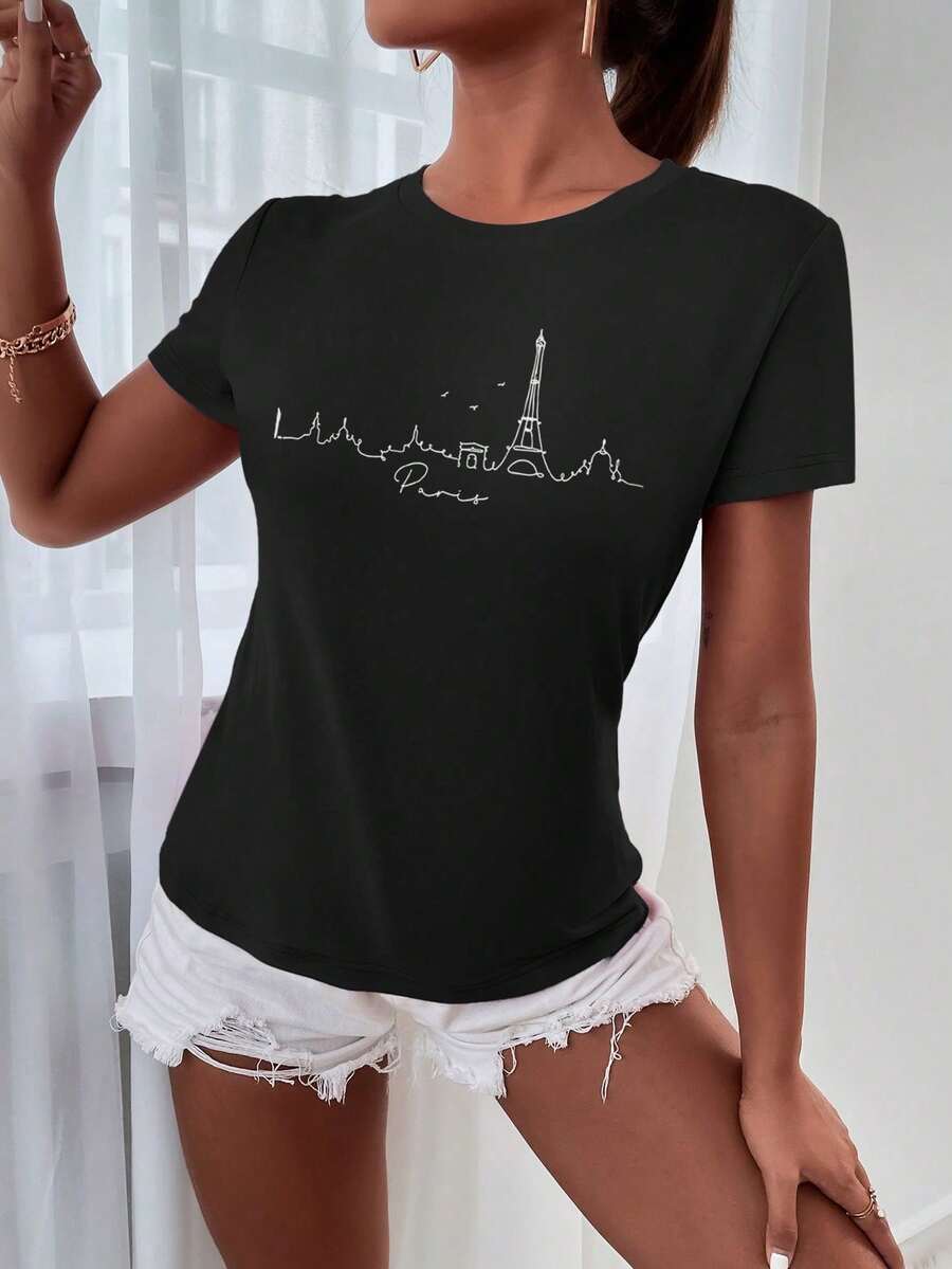 Women's Short Sleeve T-Shirts 100% Cotton Women's T-Shirt With Paris Skyline Design, Casual Short Sleeve Crew Neck T-Shirt With Modern Line Art Print Of Paris - 黑色 - 查看 1