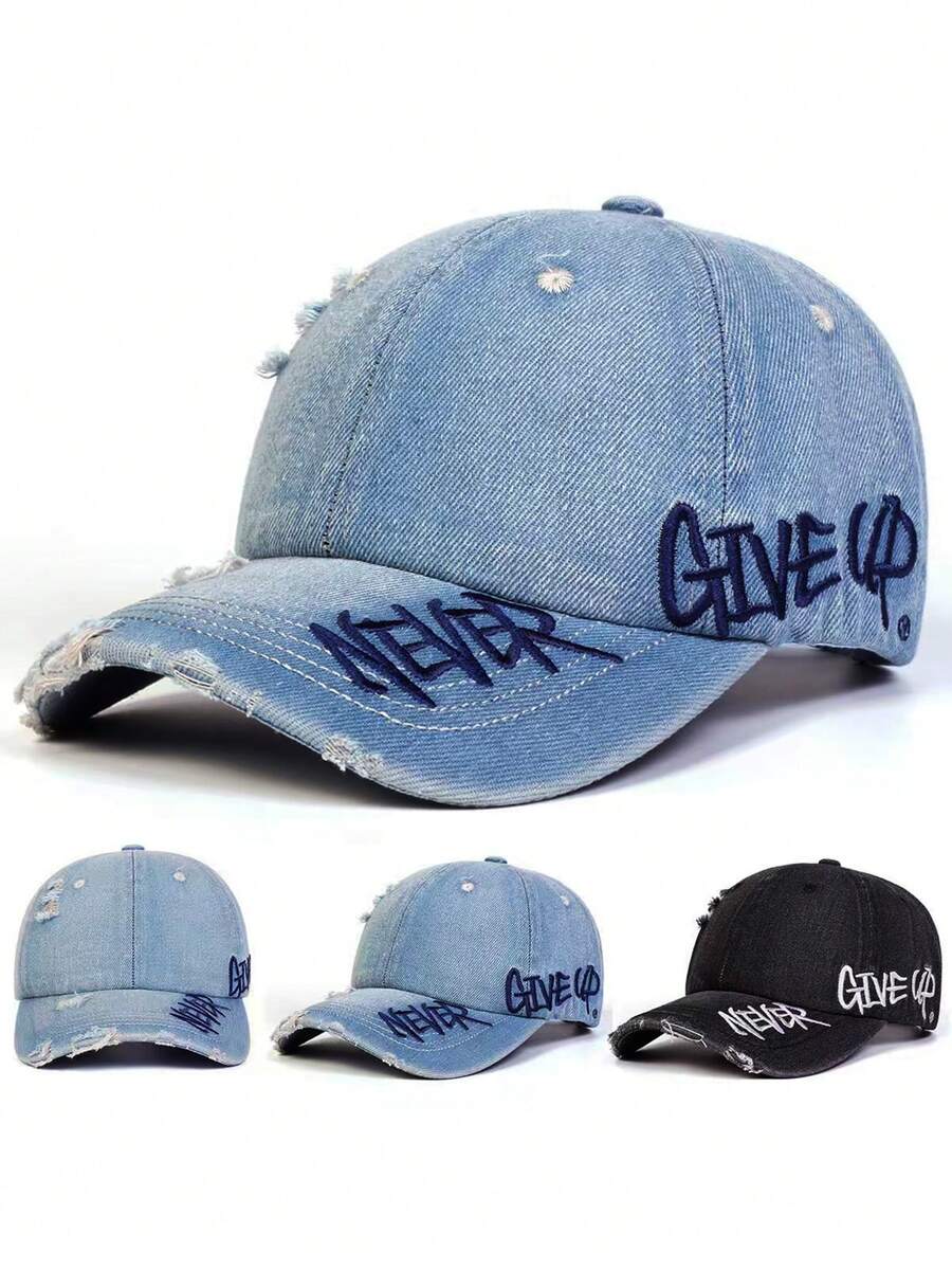 1 buah Topi Baseball Sobek Lusuh, Bordir Huruf NEVER GIVE UP, Topi Ayah Lembut, Gaya Hip Hop Streetwear, Topi Pelindung Matahari yang Dapat Diatur, Unisex - A - View 1