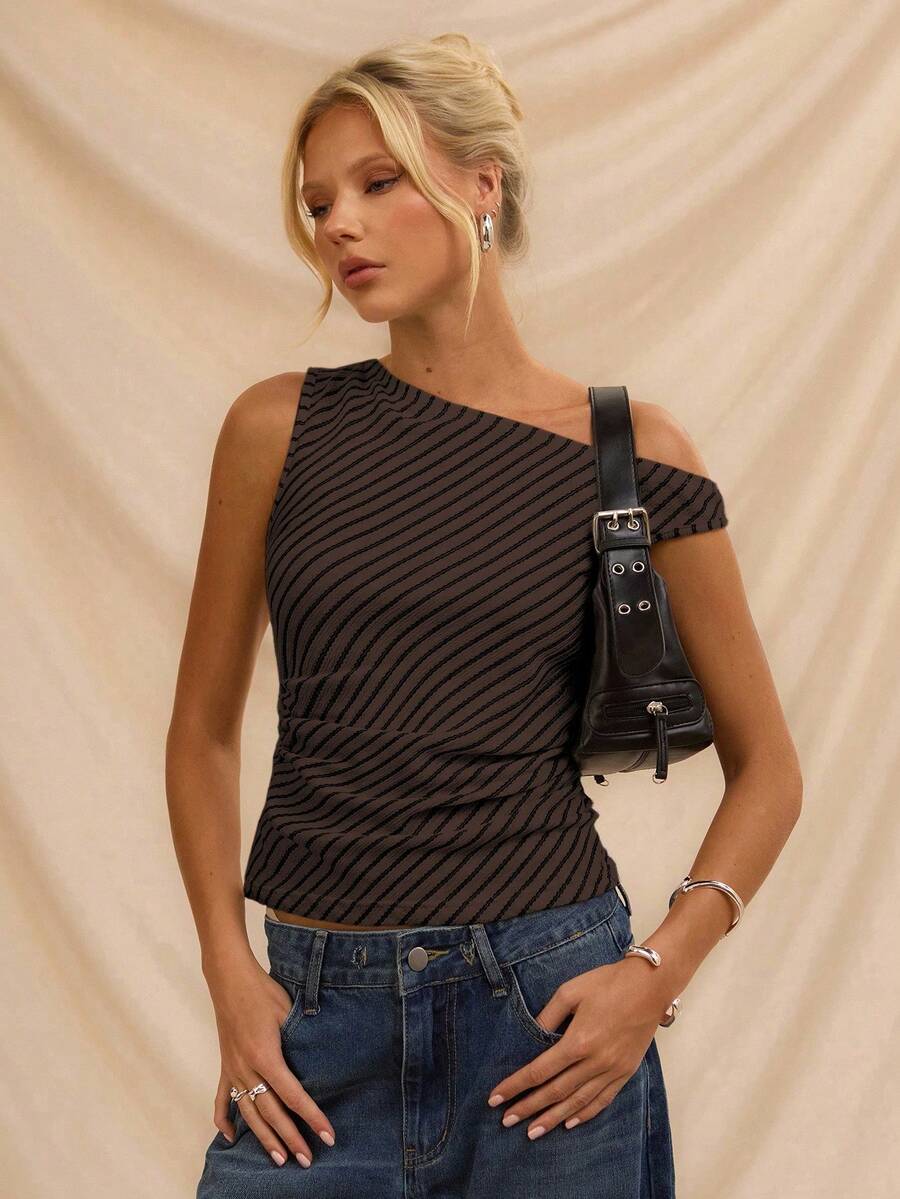 Lucid Women's Striped Off-Shoulder Asymmetric Blouse - Brown - View 1