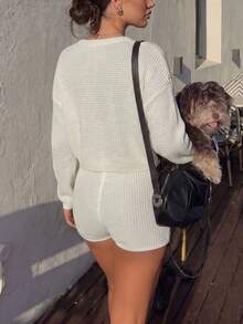 Women's Vacation Style Waffle Knit Set, Round Neck Long Sleeve Knit Top + Drawstring Shorts, Relaxed Home Wear Outfit - White - View 4