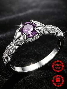 1pc S925 Sterling Silver Vintage Floral Ring With Synthetic Purple Zirconia, Perfect For Daily Wear And Valentine's Day Gift, Comes With Gift Box - Silver - View 3