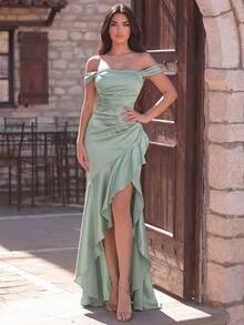 Faeriesty Elegant Off-Shoulder Asymmetric Ruffle Formal Evening Dress, Suitable For Wedding Guests, Formal Galas, Banquets And High-End Dinners Party - Mint Green - View 4