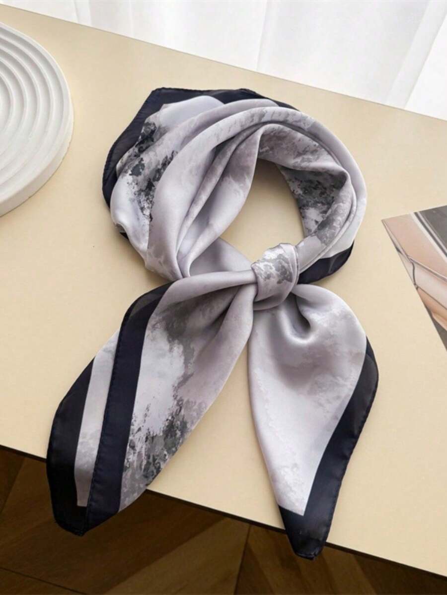 1 Stück quadratisches Seidentuch für Damen, Satin-Bandana mit Muster, Haarschärpe, modischer Damen-Haarschal und Wickeltuch, weibliches Halstuch, Hijab - Grau - View 1