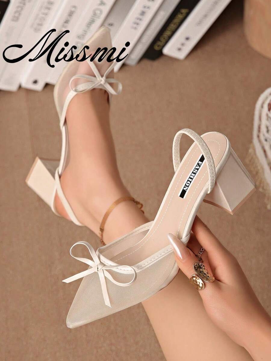 New Women's Stiletto High Heels, Summer Breathable Lace Mesh Sandals, French Style Versatile,Chunky Heels - Beige - View 1