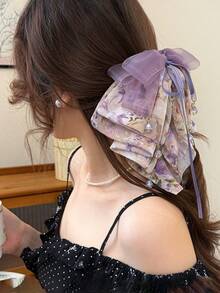 1pc Multi-Layer Purple Floral Chiffon Bow Ponytail Clip With Flowing Sweet Ribbon Hair Accessory For Women Beach Claw Clips Vacay Hair Clips - Purple - View 2