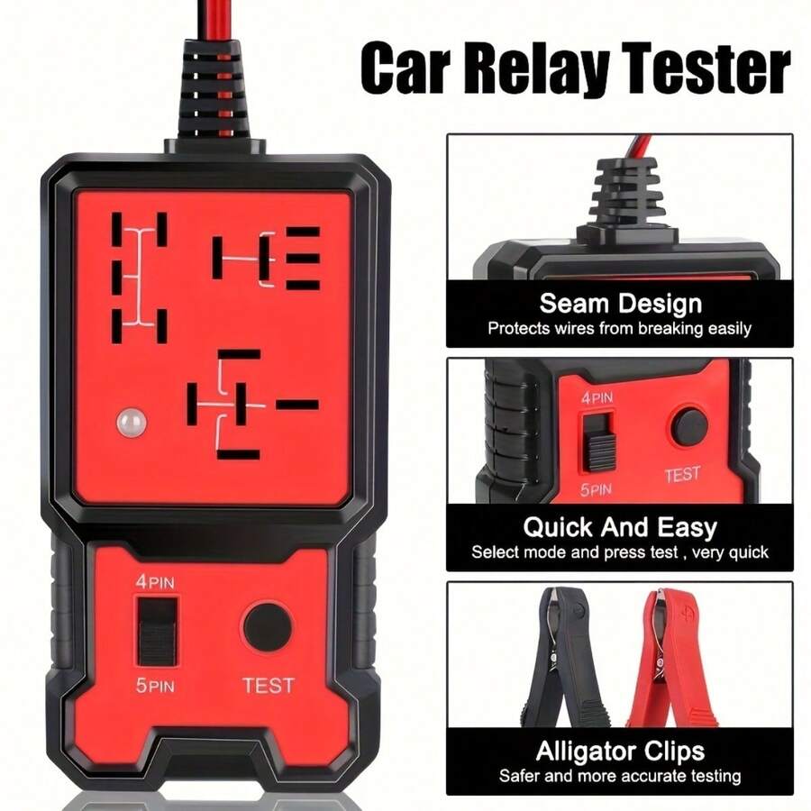 12V Car Relay Tester - Durable Automotive Testing Tool With Battery Clips, Suitable For 4-Pin And 5-Pin Relays, Car - Red - View 1