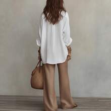 2026 Soft Lightweight White Imitation Linen Blouse Sand Brown Wide Leg Pants Two Piece Casual Set Hustle&Haze - Apricot - View 3