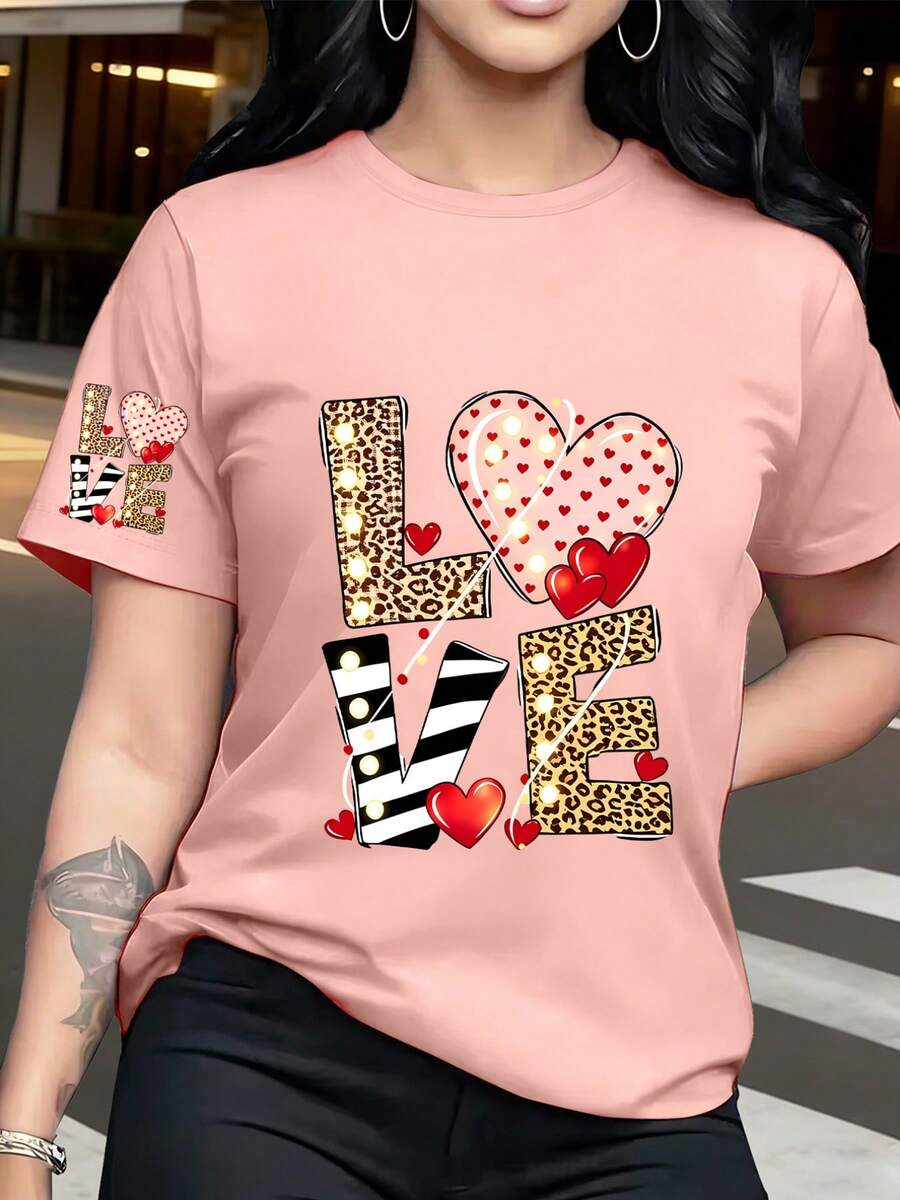 1 Loose-Fitting T-Shirt With Heart And Leopard Print, Modern And Eye-Catching Design, Comfortable And Versatile Style, New Y2K Summer Style. - 粉色 - 查看 1