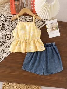 2pcs Young Girls Cute Casual Cherry Camisole Top & Embroidered Denim Skirt Set, Summer Vacation Style - Multicolor - View 2
