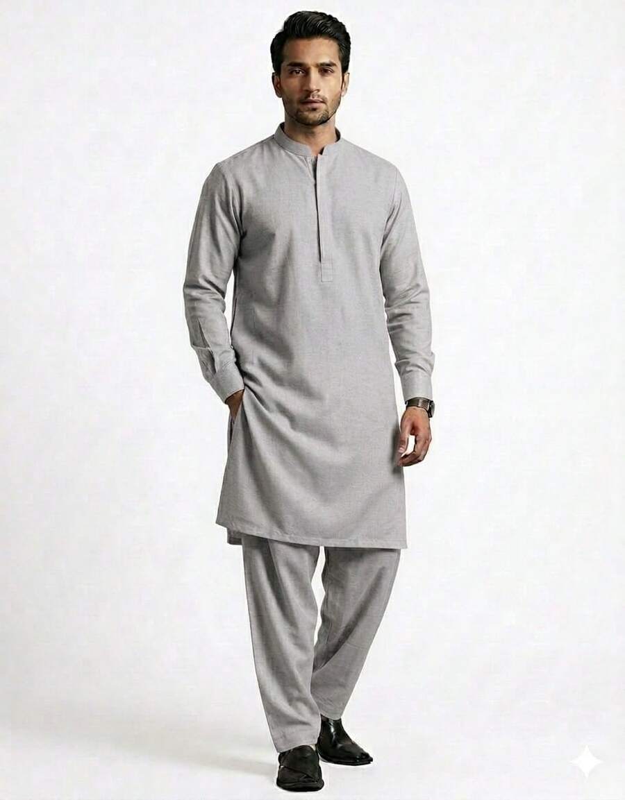 Estationeryhouse Raw Silk Kurta Pyjama For Men, With Cotton Lining And 2 Pockets - Grey - View 1