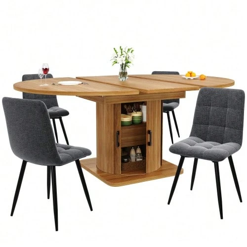 Juego de comedor moderno (5 piezas), que incluye mesa y sillas para 4 a 6 personas, mesa extensible con 4 sillas, mesa de comedor con cajones, silla de lino gris, negro - Marrón - Ver 1