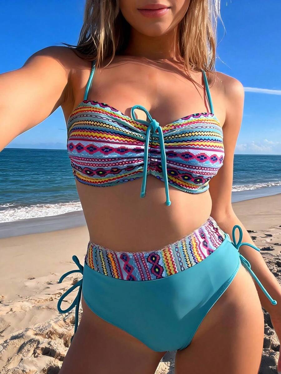 wohenmeili 女款圓點印花掛脖式坦基尼泳裝套裝,波希米亞風露背綁帶式平口坦基尼泳裝,適合夏季度假海灘 - 湖藍 - 查看 1