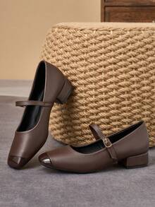 MonaNise Square Toe Low Block Heel Work Pumps - Brown - View 5